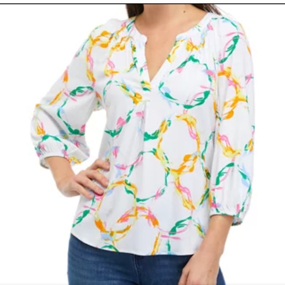 Peasant Top Crown & Ivy Women's Med Navy Blue & White Chain Pattern New W/Tags - Picture 3 of 12